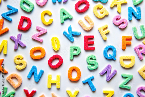 Colorful alphabet letters scattered on white background. (7)