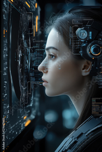 Futuristic technology concept with woman engaged in virtual reality interface