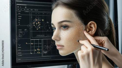 Digital design in facial modeling and animation concept with woman's face and technological graphics interface