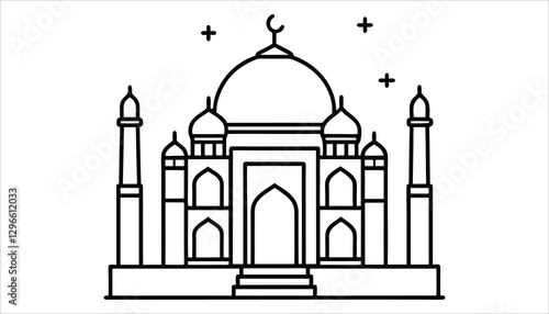Islamic Mosque Outline Vector – Minimal Black and White Illustration of Muslim Architecture, Landmark, and Crescent Moon Design