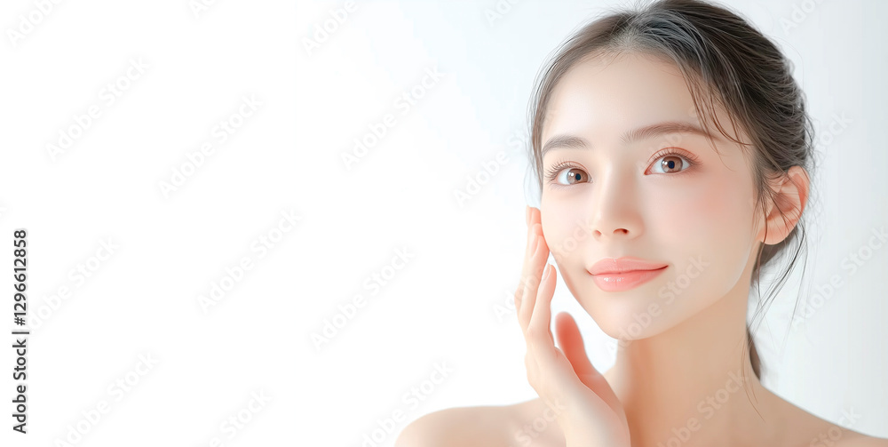 肌が美しい日本人の若い女性。美容、化粧品の広告デザインに最適な人物素材