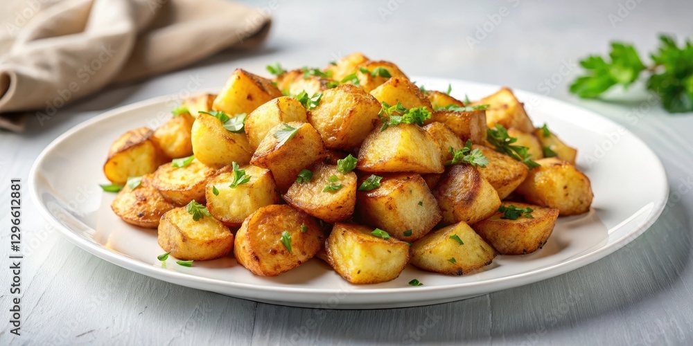 Golden brown crispy breakfast potatoes arranged artfully on a modern white plate , food styling, breakfast dish Golden brown crispy breakfast potatoes arranged artfully on a modern white plate , food styling, breakfast dish