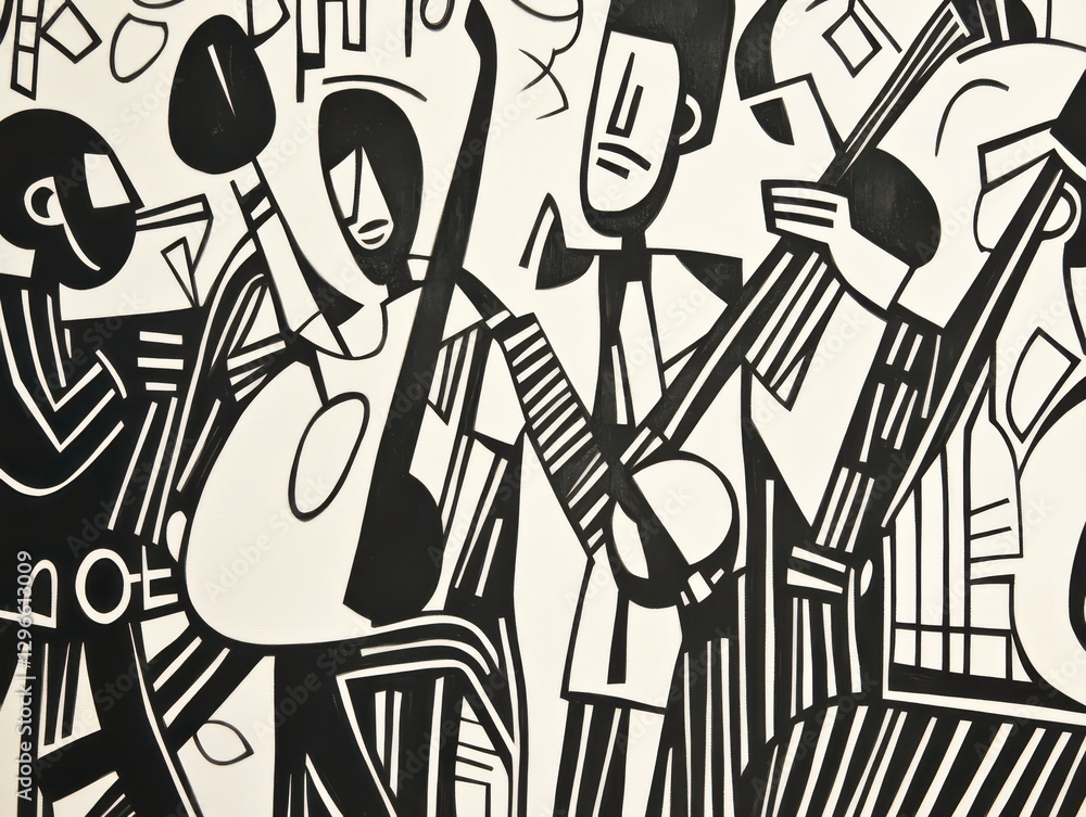 custom made wallpaper toronto digitalJazz musicians. Funky musicians with saxophone, trumpet, drums and bass. Modern flat colors illustration.