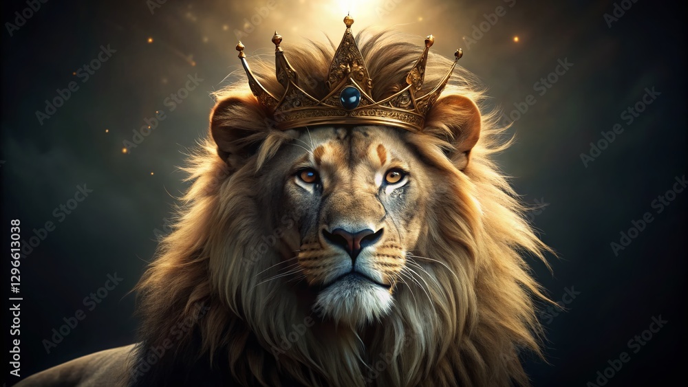 Fototapeta premium Majestic Lion in Golden Crown - Low Light Photography Stock Image