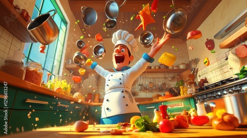 A whimsical 3D-rendered cartoon chef tosses ingredients into the air in a lively kitchen setting.