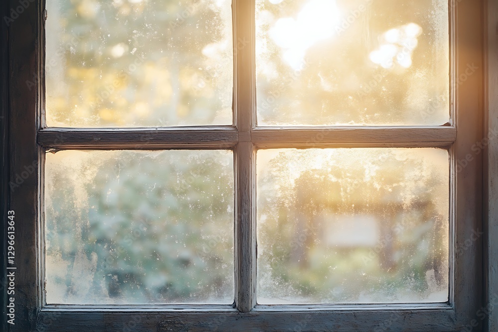 Naklejka premium Sunlit, Frosty Window Pane in Rustic Wooden Frame