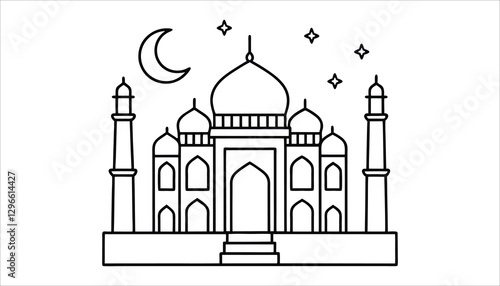 Islamic Mosque Outline Vector – Minimal Black and White Illustration of Muslim Architecture, Landmark, and Crescent Moon Design