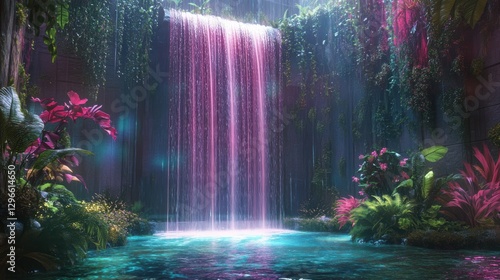 A breathtaking neon waterfall cascades down lush green cliffs in a mystical fantasy landscape. photo