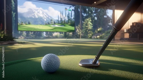 Indoor golf simulator, putting green, mountain view, luxury home, training