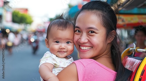 A young mother smiles radiantly as she holds her cheerful baby in her arms. They are in a bustling street filled with people and vibrant colors under bright sunlight