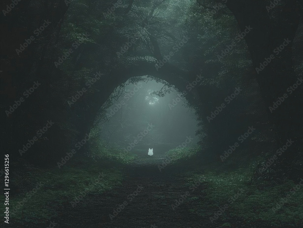 White Cat Waits in Dark Forest Path, Mystical Night White Cat Waits in Dark Forest Path, Mystical Night