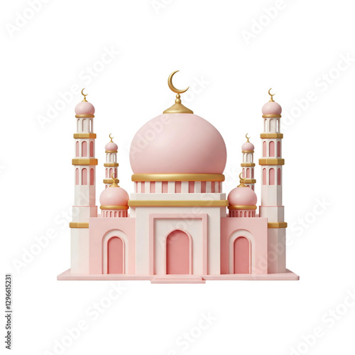 3D rendered mosque with blue domes and white minarets, in a front view.