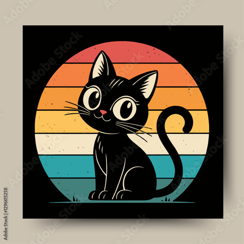 A charming, cartoon-style black cat with large, expressive eyes sits in a vintage sunset-themed circle.