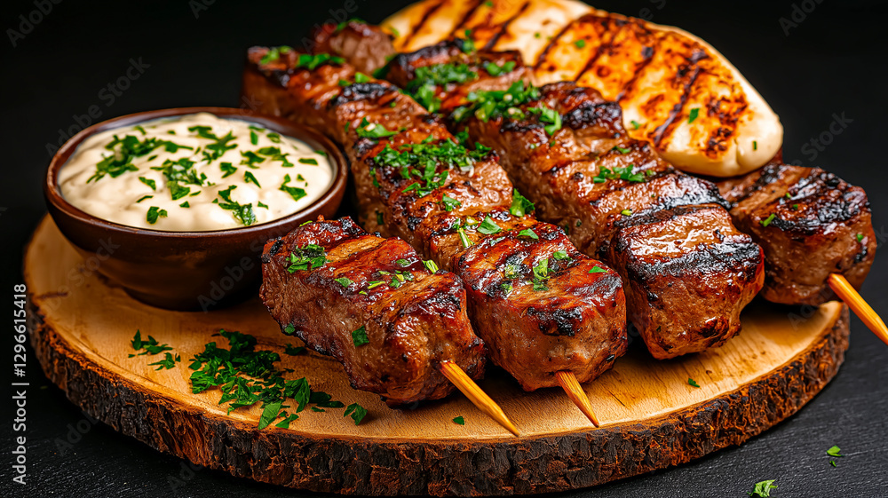 Delicious beef shish kebab served with pita bread and creamy sauce on wooden platter, garnished with fresh herbs, perfect for hearty meal Delicious beef shish kebab served with pita bread and creamy sauce on wooden platter, garnished with fresh herbs, perfect for hearty meal