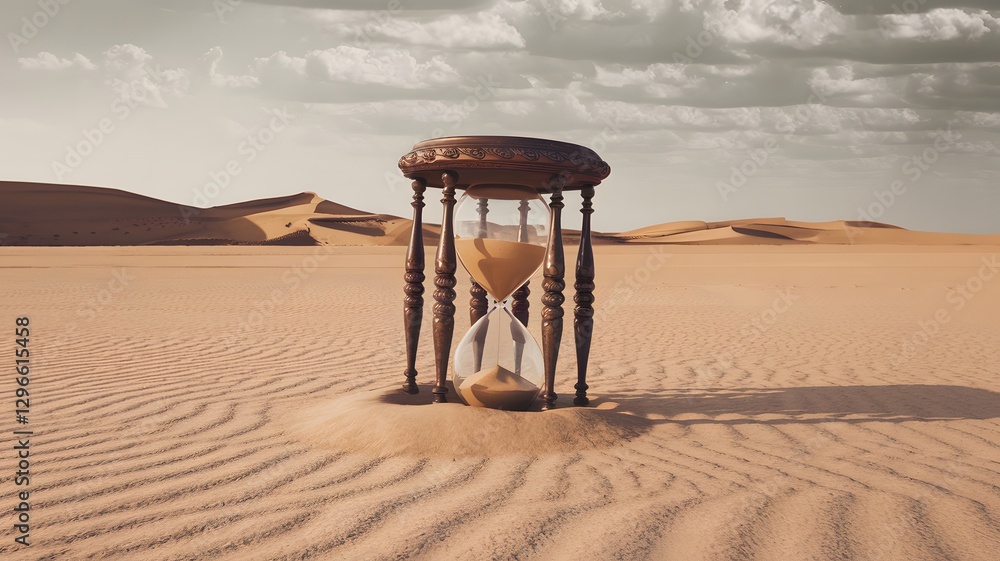 A barren desert with an hourglass buried in the sand.