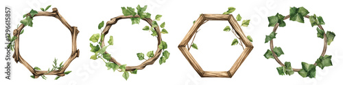 Set octagon circular shaped watercolor wood frames border wedding invitations with green ivy creeper leaves isolated on transparent background