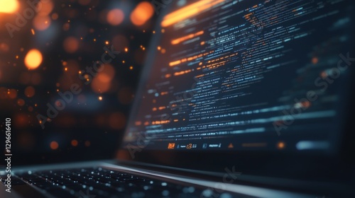 Close-up of laptop screen displaying lines of code, bokeh lights in background.