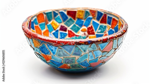 A decorative ceramic bowl with a hand-painted mosaic pattern in vibrant hues, isolated on a clean white background. The high-definition image captures the intricate details and glossy glaze.