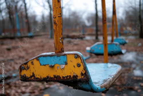 A close-up of a neglected blue swing conveys nostalgia, capturing the essence of youthful adventures now lost to time in a deserted and weathered playground. photo