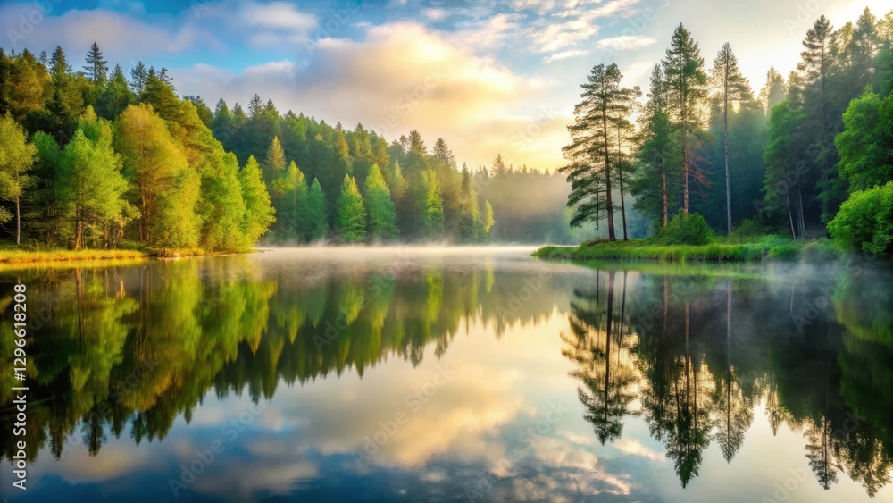 Obraz premium Forest Surrounding Serene Lake on Misty Morning, serene landscape