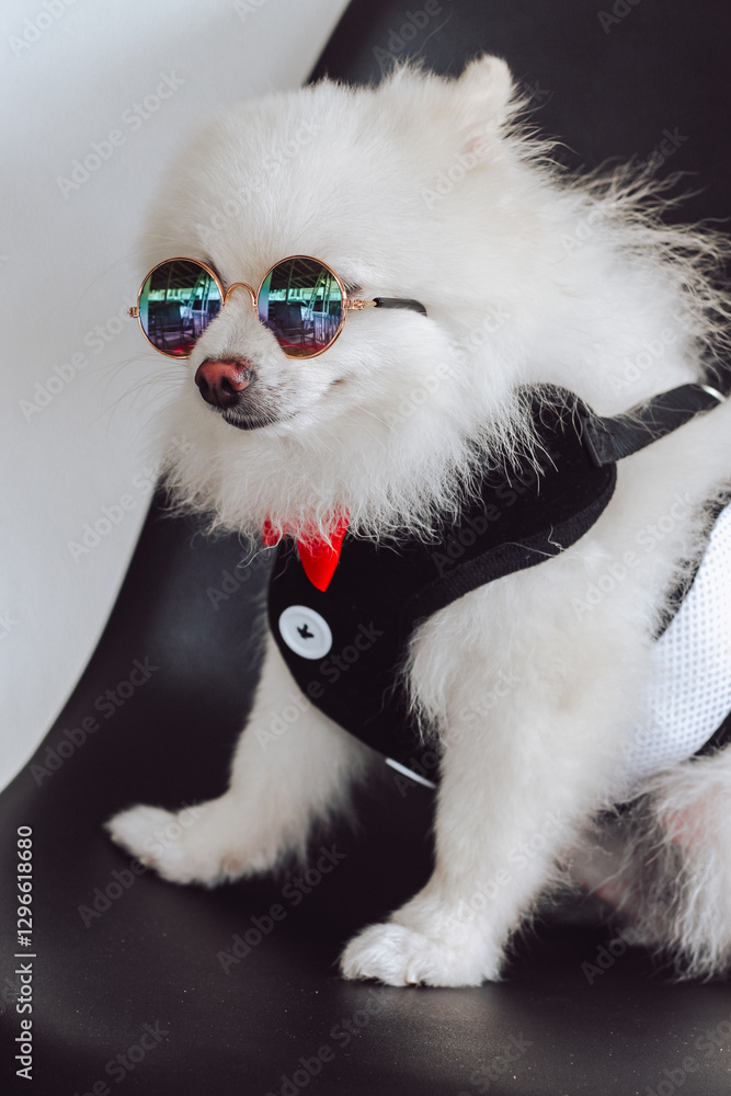 Fototapeta premium A cute fluffy white Pomeranian wearing a sunglasses, red bow tie and a tuxedo. Pomeranian dog in outdoor. Puppy poodle dog sit down looking