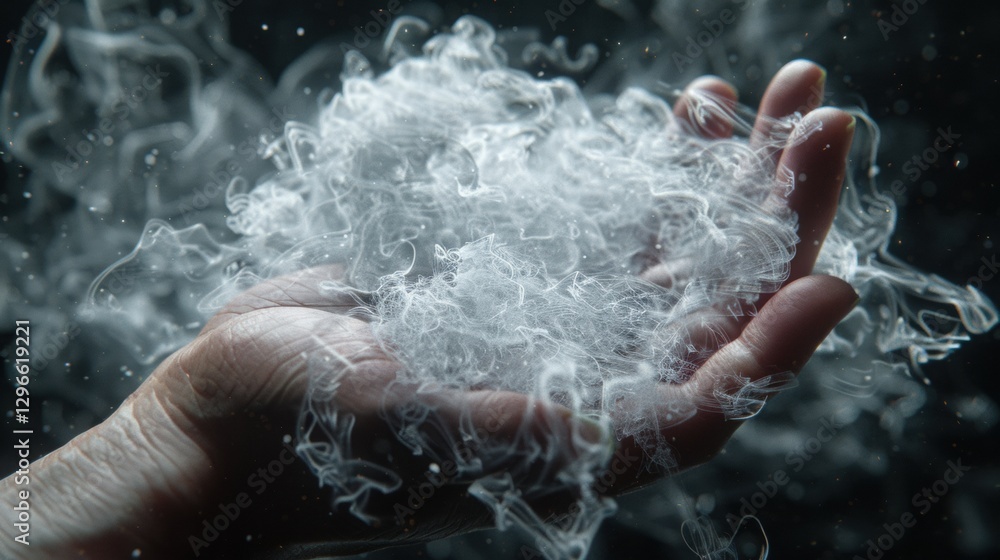Obraz premium Ethereal Smoke Swirls Captured in a Hand Against Dark Background