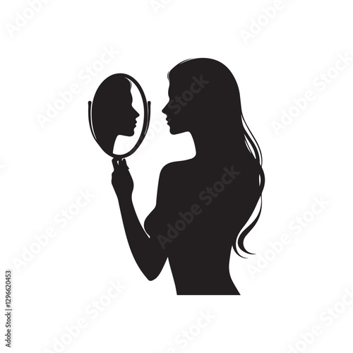 Woman watching her face in a mirror silhouette on white background. 