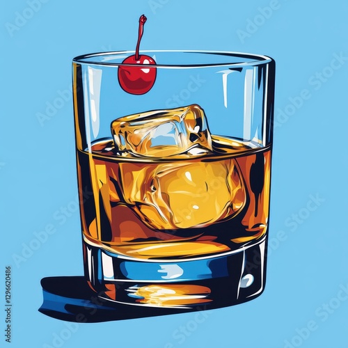 A stylized digital illustration of a whiskey glass with ice cubes and a cherry on top, in a bold pop-art style.