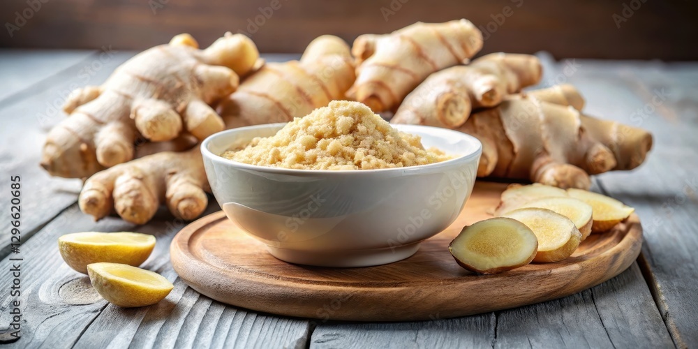 Freshly peeled ginger root pieces arranged in a bowl with a sprinkle of white ginger powder, cooking ingredient, kitchen Freshly peeled ginger root pieces arranged in a bowl with a sprinkle of white ginger powder, cooking ingredient, kitchen