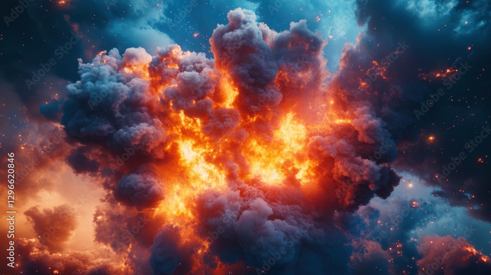 A cosmic explosion with bright orange and blue flames, resembling a celestial event in deep space. A cosmic explosion with bright orange and blue flames, resembling a celestial event in deep space.