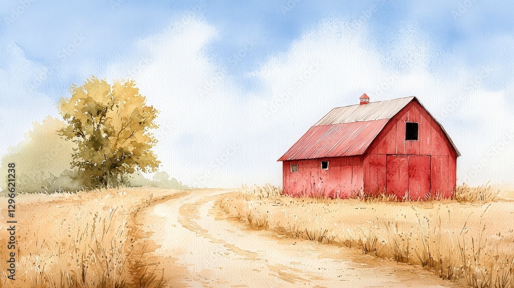 Serene Countryside Landscape with Red Barn and Dusty Road under a Blue Sky in a Peaceful Rural Setting Serene Countryside Landscape with Red Barn and Dusty Road under a Blue Sky in a Peaceful Rural Setting