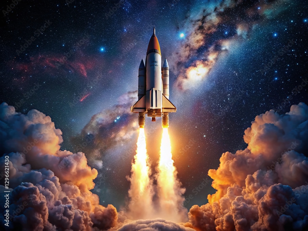 Naklejka premium Majestic Rocket Launch at Night, Starry Sky, Cosmic Exploration, Spacecraft Ascent