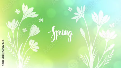 Hello Spring. Hand lettering and spring flowers for Springtime season greetings and invitations. Blurred background. Vector illustration.