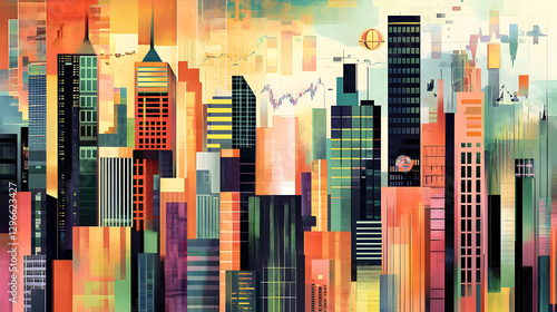 cityscape with abstract skyscrapers transforming into bar charts and financial symbols 