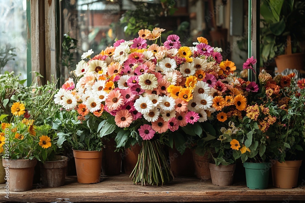 Fototapeta premium A bouquet of wild flowers on a wooden table, surrounded by green plants in pots.