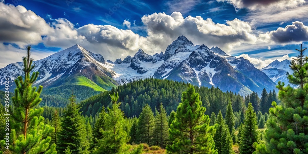 Fototapeta premium Majestic Summer Alps: Snow-Capped Peak & Pine Forest