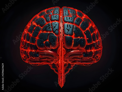 Wallpaper Mural A highly detailed hyper-realistic digital brain made of interconnected glowing red circuits, suspended in darkness. The brain pulses with energy, with thin red neon lines extending outward like neural Torontodigital.ca