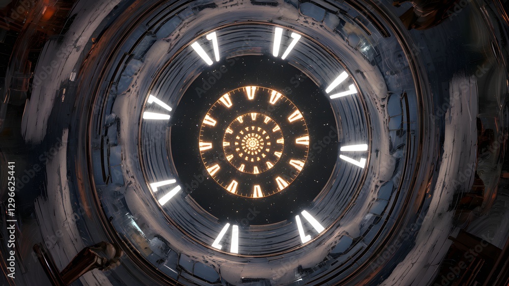 A spiral of glowing clock hands floating in the void.