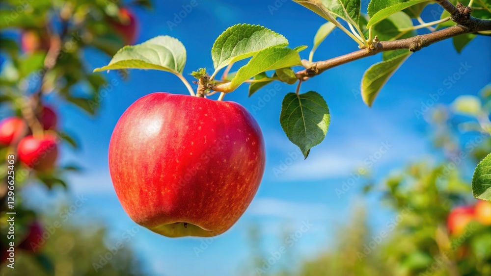 A juicy red apple suspended from a slender branch of a lush green tree against a soft blue sky on a warm sunny day in late summer , fruit, landscape A juicy red apple suspended from a slender branch of a lush green tree against a soft blue sky on a warm sunny day in late summer , fruit, landscape