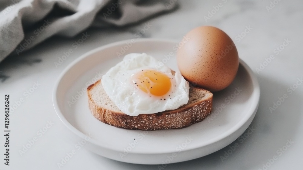 Minimalist Easter breakfast featuring poached egg on toast and linen napkin with soft lighting Minimalist Easter breakfast featuring poached egg on toast and linen napkin with soft lighting