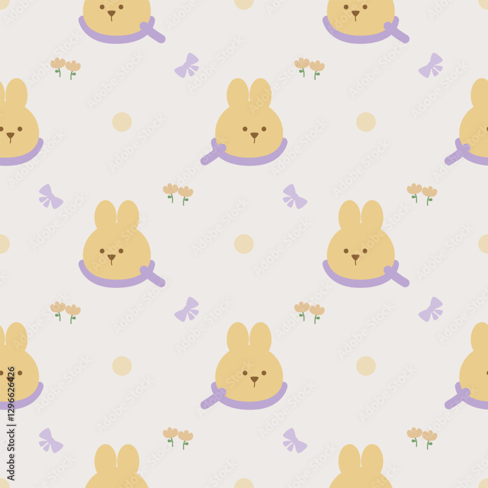 Face rabbit cartoon so cute. On flower bow polka dot background. Pattern seamless vector illustration. Face rabbit cartoon so cute. On flower bow polka dot background. Pattern seamless vector illustration.