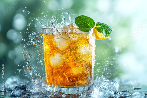 Refreshing iced tea with lemon and mint in a glass, splashing with ice cubes against a green blurred background, creating a cool and invigorating summer drink concept