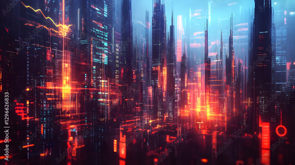 skyline with glowing financial graphs and data overlays representing modern business growth skyline with glowing financial graphs and data overlays representing modern business growth