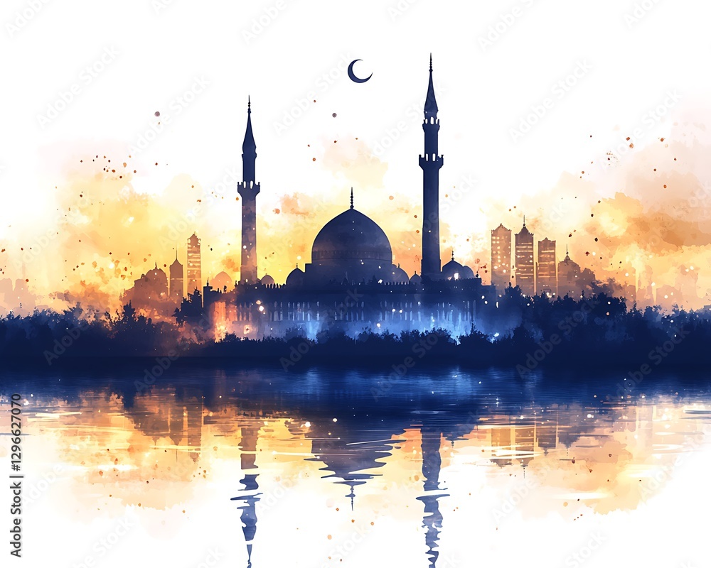 Fototapeta premium Mosque Silhouette Sunset Reflection