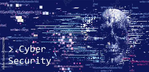 Pixelated skull made of code fragments symbolizes cyber threats. The text "Cyber Security" highlights the theme of digital protection against hacking, malware, and data breaches.