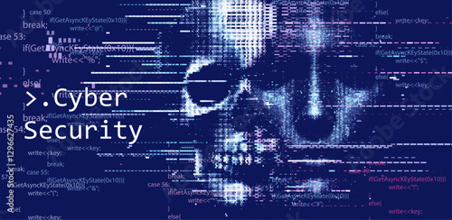 Pixelated skull made of code fragments symbolizes cyber threats. The text "Cyber Security" highlights the theme of digital protection against hacking, malware, and data breaches.