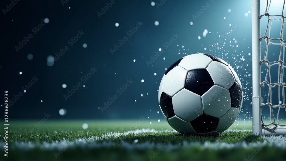 Fototapeta premium Soccer ball in the net, success goal concept on stadium light background