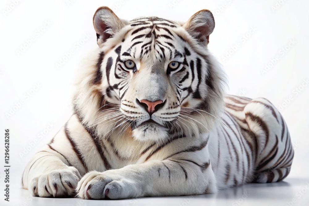Obraz premium Majestic White Tiger Lying Down, Isolated on White Background - Stock Photo