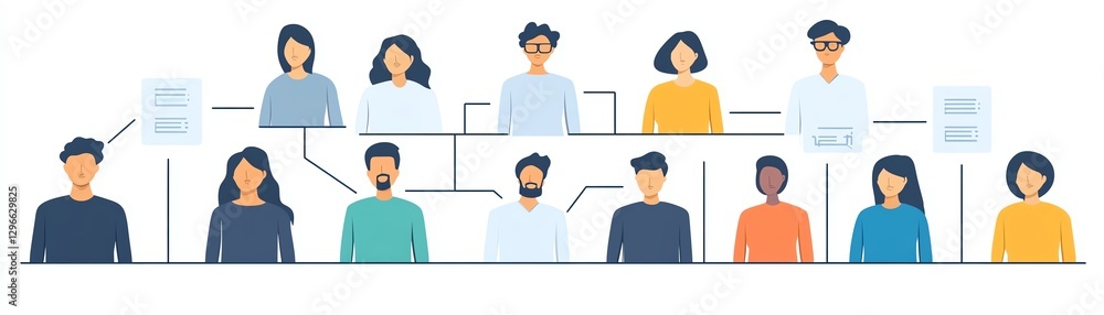 Fototapeta premium Vivid figures in organizational structure, hierarchical business departments, teams connected by lines, showing workflow, management, company structure visualization