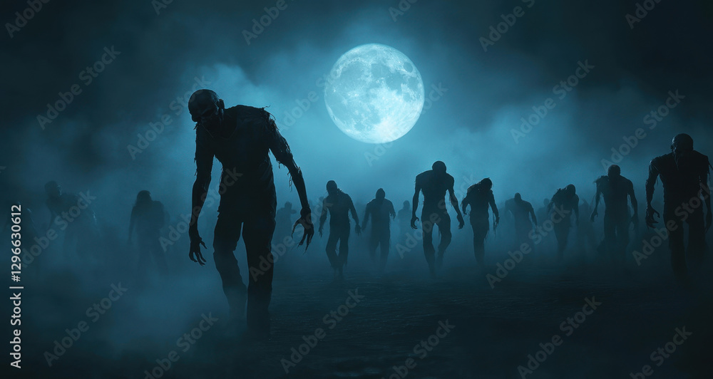 Fototapeta premium Shadows rise from swirling fog as ghostly figures walk towards the viewer, illuminated by the bright full moon overhead in a haunting nighttime landscape